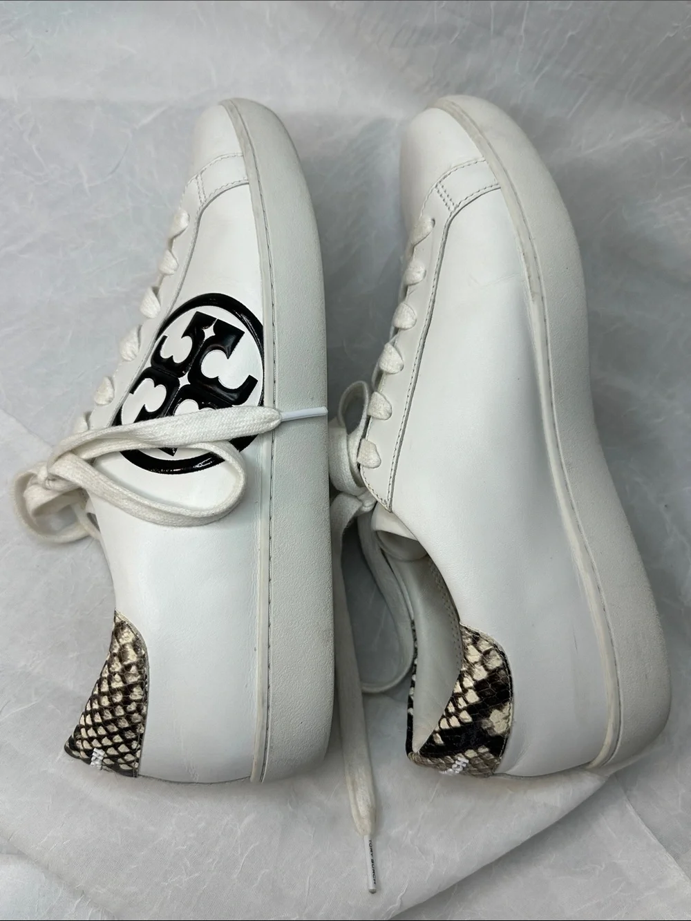 Tory Burch Leigh White Leather Sneakers with Black T Logo and Snake-Print Heel